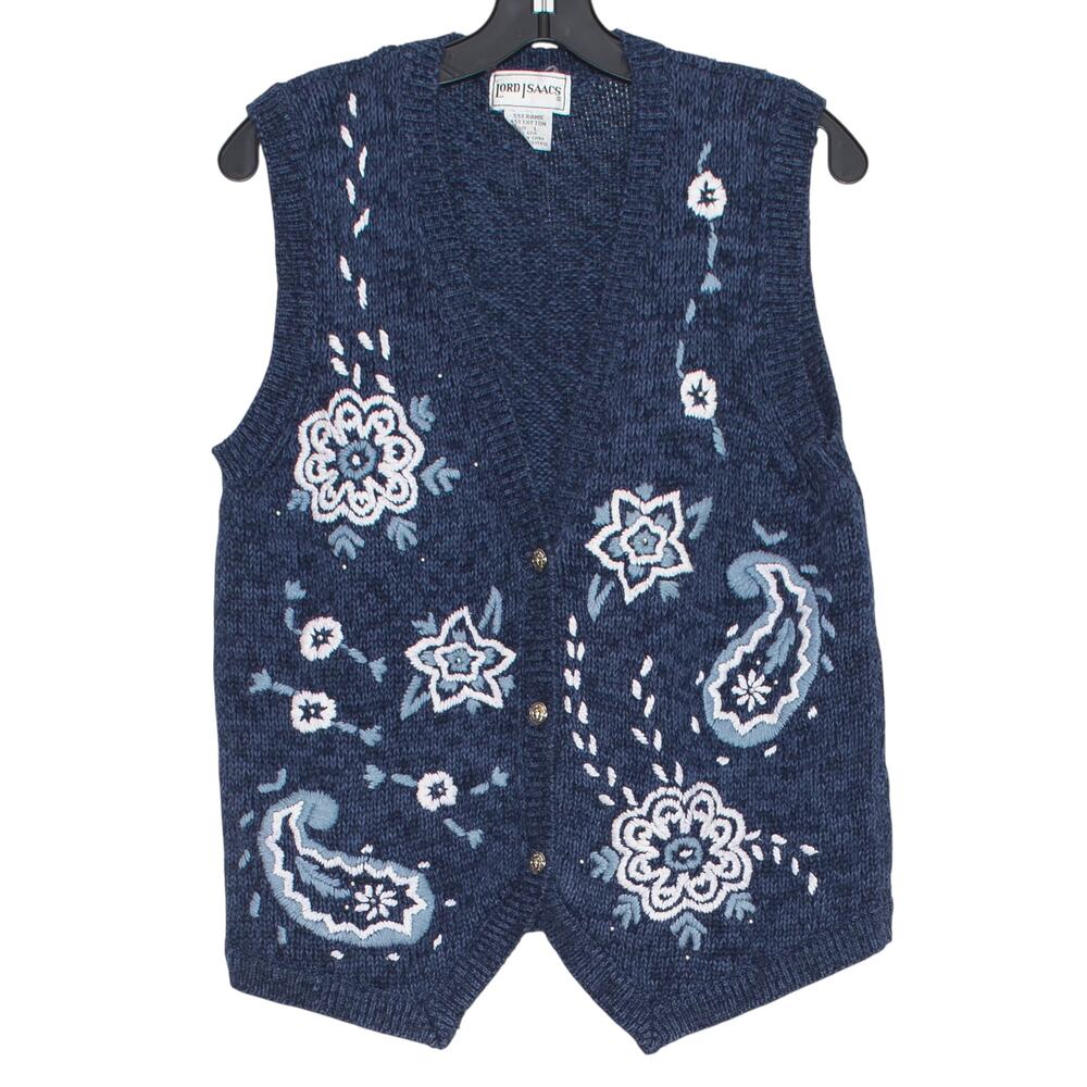 Vintage Sweater Vest Floral Paisley Cottage Dark Academia Boho Farm Blue Large